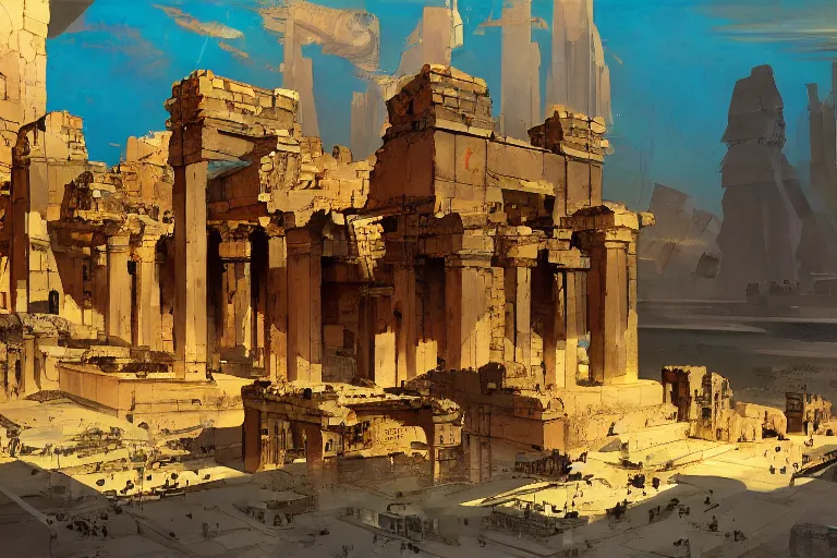 Prompt: an architectural painting of the ruins of an archaic city of ancient persia floating in the sky by syd mead and frazetta and james gilleard in the style of hugh ferriss, ancient persian architecture by hugh ferriss and peter mohrbacher