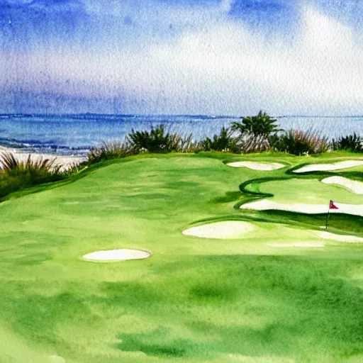 Prompt: watercolor golf course ocean