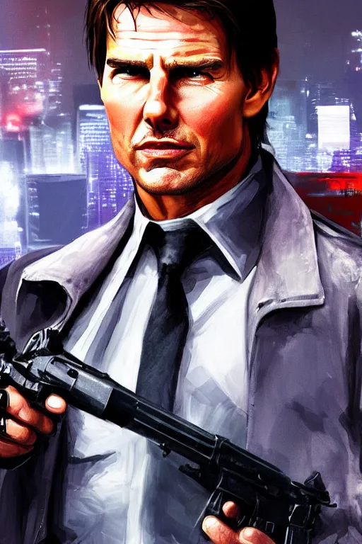 Prompt: a medium shot of tom cruise, in the style of gta 4 cover art, highly detailed, trending on artstationhq