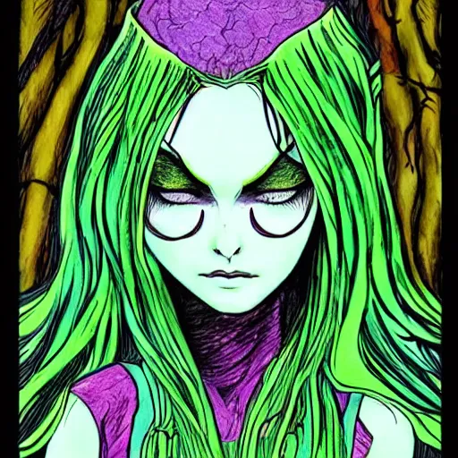 Prompt: character art of evil druidess | dynamic pose | by Junji Ito | blighted forest | comic book style | realistic face and body | beautiful detailed young face | pulp adventure heroine | green and purple vivid watercolor | detailed pen and ink