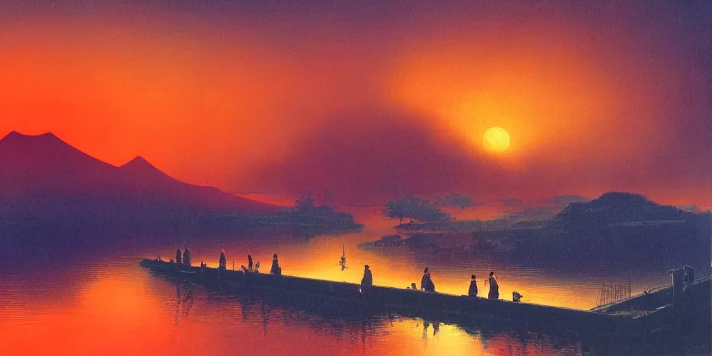 Image similar to awe inspiring bruce pennington landscape, digital art painting of 1 9 6 0 s, japan at night, red sunset, 4 k, 8 k, detailed