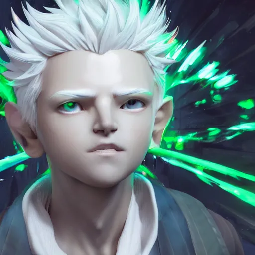 Image similar to a white haired green eyes boy casting a spell. character design. intricate. gesture drawing. line of action. official art, unreal engine 5, unreal engine. tetsuya nomura. medium shot. ray tracing hdr. 8 k. uhd. sharp focus. highly detailed. masterpiece. anime render. cinematic lighting. lifelike. symmetrical face. beautiful face