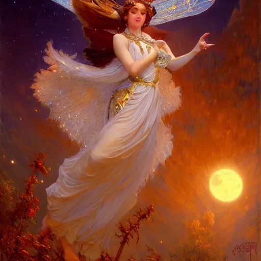 Image similar to attractive fairy queen fly high in the night, fantasy, full moon in background. hyper detailed painting by gaston bussiere, craig mullins, j. c. leyendecker, mid shot, 8 k, cryengone, cinematic lighting, beautiful,