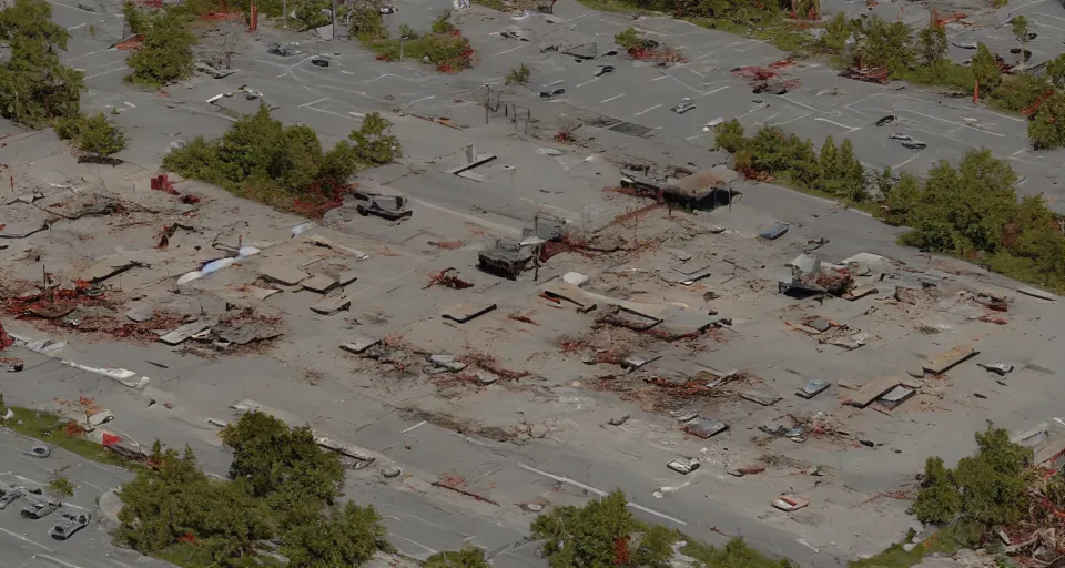 Image similar to top down aerial view of dilapidated zombie - apocalypse gas - station with supermarket and restaurants in real life, desolate with zombies, dilapidated, zombies in the streets, nightmarish, some rusted style parked vehicles, sunny weather, few clouds, volumetric lighting, photorealistic, daytime, autumn, sharp focus, ultra detailed, cgsociety