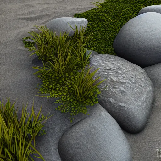 Image similar to a beautiful rock on the beach, octane render nvidia raytracing, lush vegetation