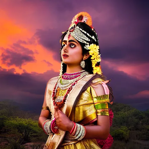 Prompt: portrait photography of indian goddess of the dawn, beautiful woman, elegant, celebration costume, jewellery, highly detailed, hyper realistic, dramatic sky, dawn, pastel, deep gaze, pretty face, glowing, in the style of steve mccurry