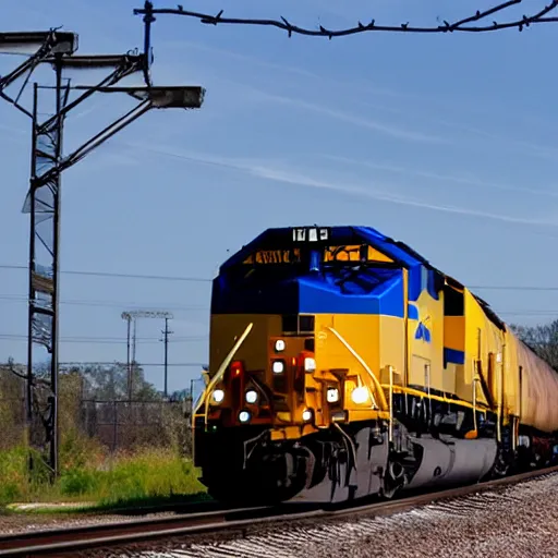 Prompt: csx locomotive running through walmart