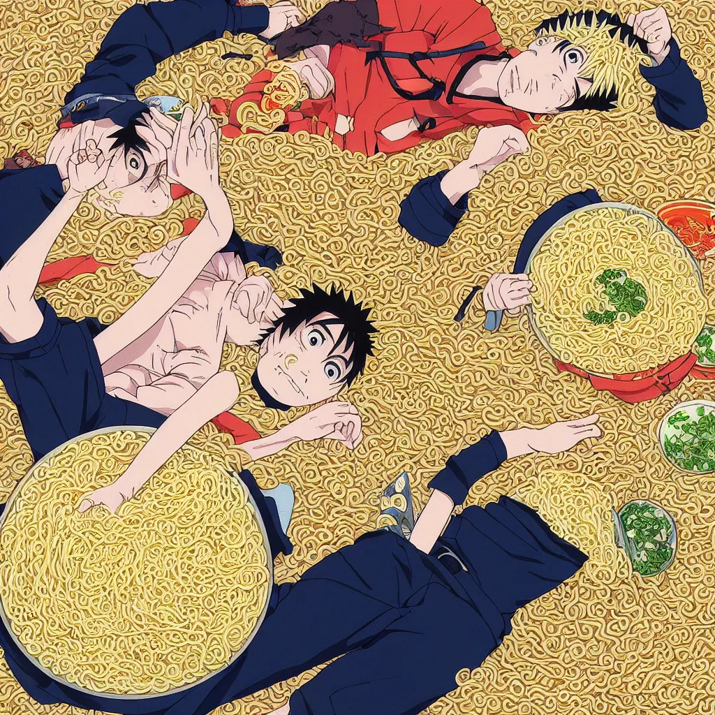 Prompt: a color manga illustration of naruto laying in a pile of ramen noodles and bowls, holding a large bowl of ramen and slurping up noodles. the view is top down. his mood is one of delicious bliss and the sense of the image is abundance. the image is illustrated in high colorful detail by masashi kishimoto and is very very very detailed.