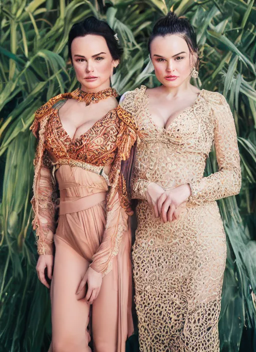 Prompt: portrait of lindsey pelas and daisy ridley wearing kebaya, by charlotte grimm, natural light, detailed face, beautiful features, symmetrical, canon eos c 3 0 0, ƒ 1. 8, 3 5 mm, 8 k, medium - format print,