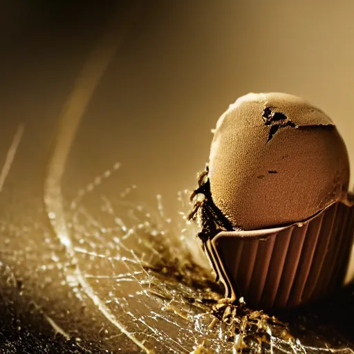 Image similar to detailed photograph of a levitating chocolate ice cream cone becoming a hairy brown recluse spider body at the bottom. dramatic, golden light. realistic photograph. delicious.