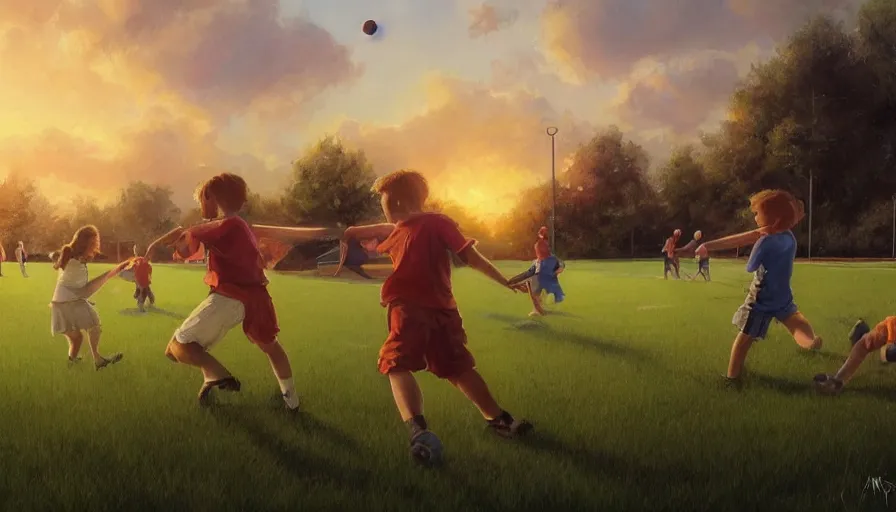 Image similar to beautiful painting of backyard football field with a pair of playing children during sunset, wide shot, digital painting, intricate details, trending on artstation, concept art, octane render, realistic, highly detailed, smooth, sharp focus, beautiful, 4 k, 8 k, hd, art by charlie bowater and artgerm and greg rutkowski