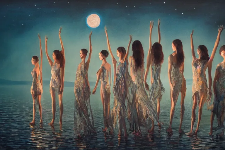 Image similar to 3 d, close - up, group of fashion models standing in a night lake with their hands raised to the bright moon, moon ryas, intricate oil painting, high detail, figurative art, multiple exposure, poster art, 3 d, by tooth wu and wlop and beeple