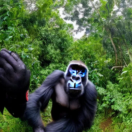 Prompt: pov of a silverback gorilla who needs to teach his confused son about the jungle