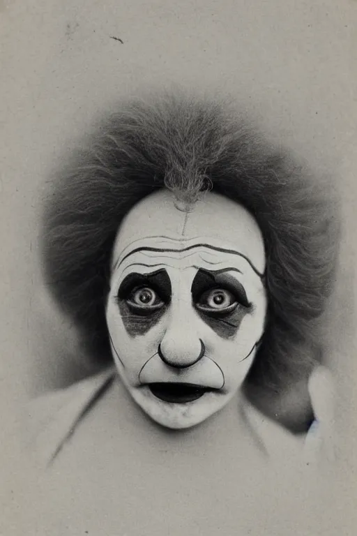 Image similar to old realistic photo of face of a female clown, photograph, early 1 9 0 0's, black and whitehighly detailed, matte, sharp focus, smooth, sharp focus, illustration