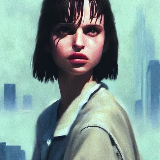 Image similar to closeup portrait of matilda from the movie leon the professional, natalie portman, city background, dramatic light, gorgeous view, depth, high detail, digital art, painted by greg rutkowski and seb mckinnon, by tim burton, trending on artstation