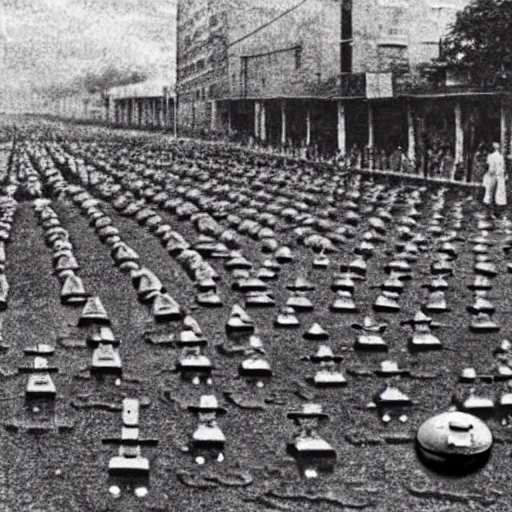 Prompt: levitating robot bots in front of hundreds of dead people , old photograph , 1824 , HD , 4k , realistic