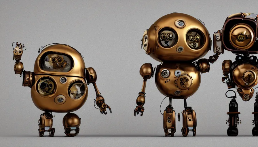 Prompt: two cute steampunk robots with human skin and large eyes smiling and waving, isolated on white background, 3D occlusion