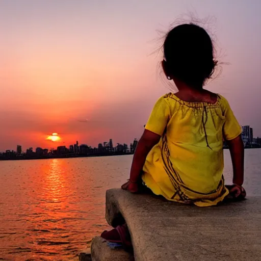 Image similar to a young baby girl sitting in mumbai watching the sunset