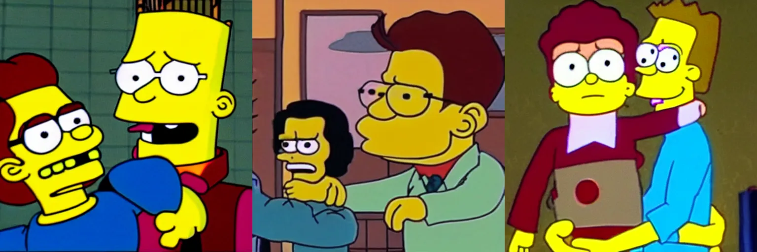 Prompt: A still of Dwight Schrute choking Bart Simpson in a cross-over episode