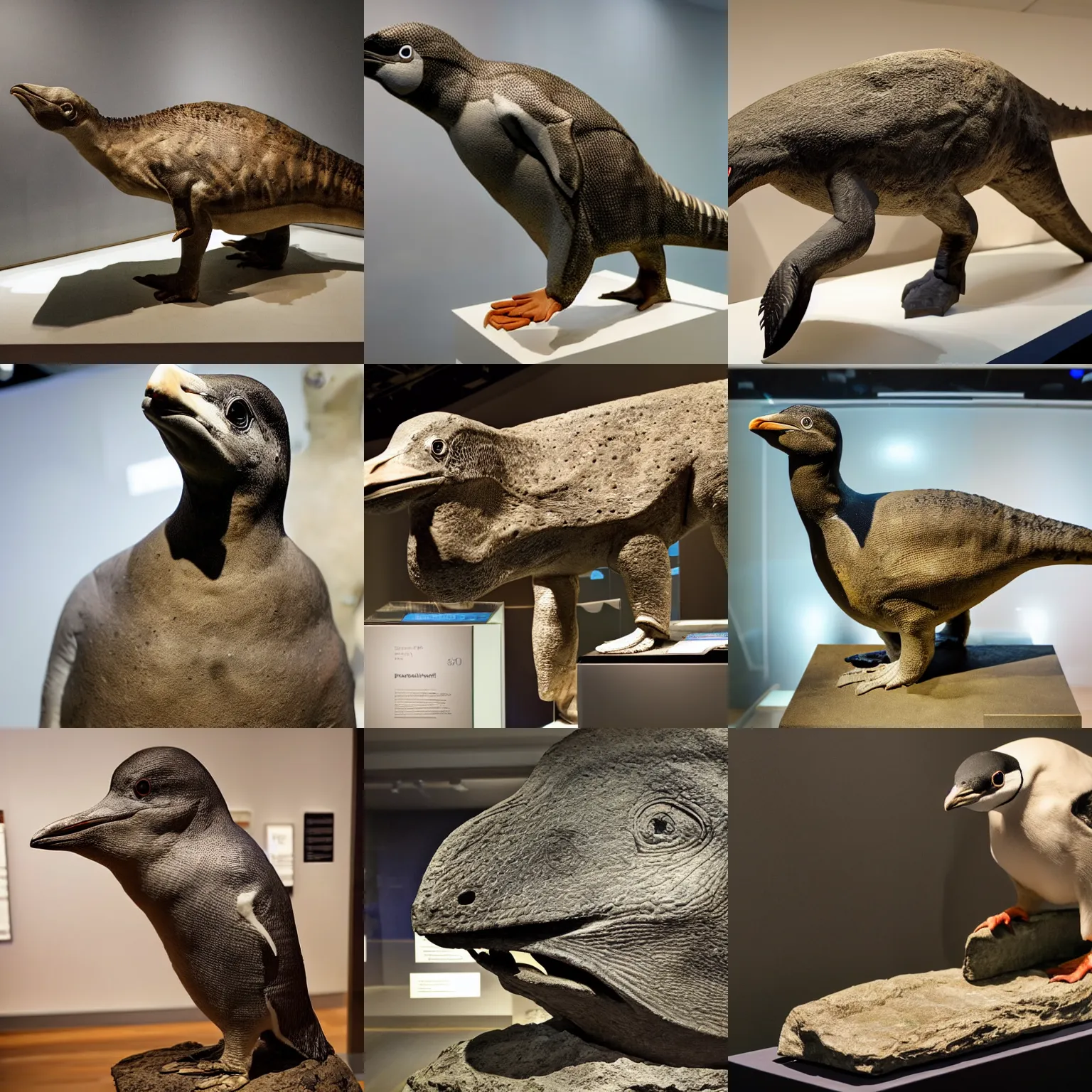 Prompt: ancient dinosaur specimen of a paleolithic penguin, on display in a fossil museum