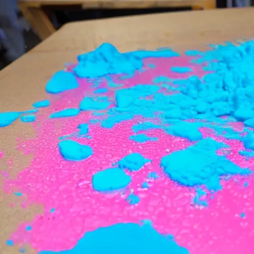 Prompt: pink foam mixing with blue paint