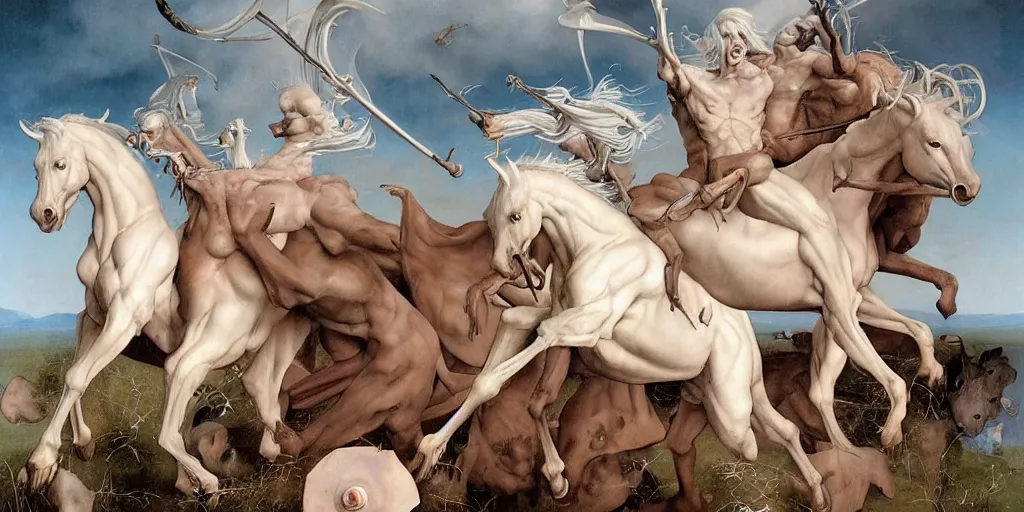 Prompt: albino centaurs wars, hyper realistic,, glossy by gerald brom and hieronymus bosch