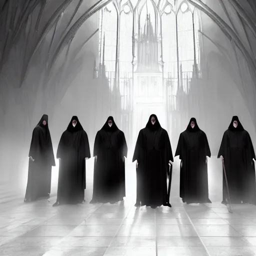 Prompt: a detailed matte painting of a cabal of high priests in black robes with black eyes, concept art, evil cathedral, incense smoke drifting through the air, portrait, artstation, volumetric lighting, exquisite detail, octane render, 8 k postprocessing