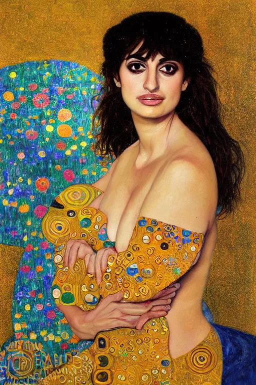 Image similar to oil painting, portrait of penelope cruz, artwork by gustav klimt