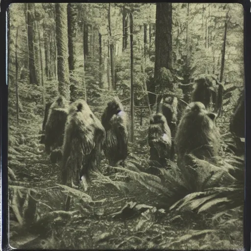 Image similar to a polaroid image of monsters gathering in the forest, grainy