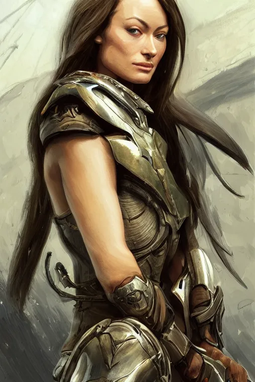 Image similar to a professional painting of a young Olivia Wilde, clothes in military armor, olive skin, long dark hair, beautiful bone structure, symmetrical facial features, intricate, elegant, digital painting, concept art, smooth, sharp focus, illustration, from StarCraft by Ruan Jia and Mandy Jurgens and Artgerm and William-Adolphe Bouguerea