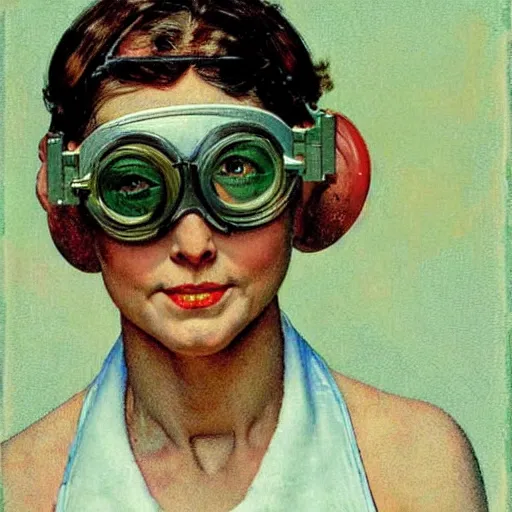 Prompt: happy and muscular woman wearing small goggles, by norman rockwell