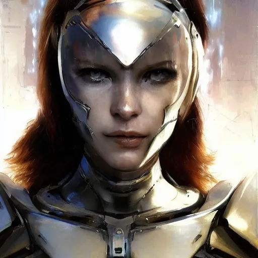 Image similar to extreme close up, facial portrait, woman in white sci - fi armor, mechanical armor, cybernetic hands, striking pose, portrait dnd, nier 2 b, painting by gaston bussiere, craig mullins, greg rutkowski, yoji shinkawa, artgerm