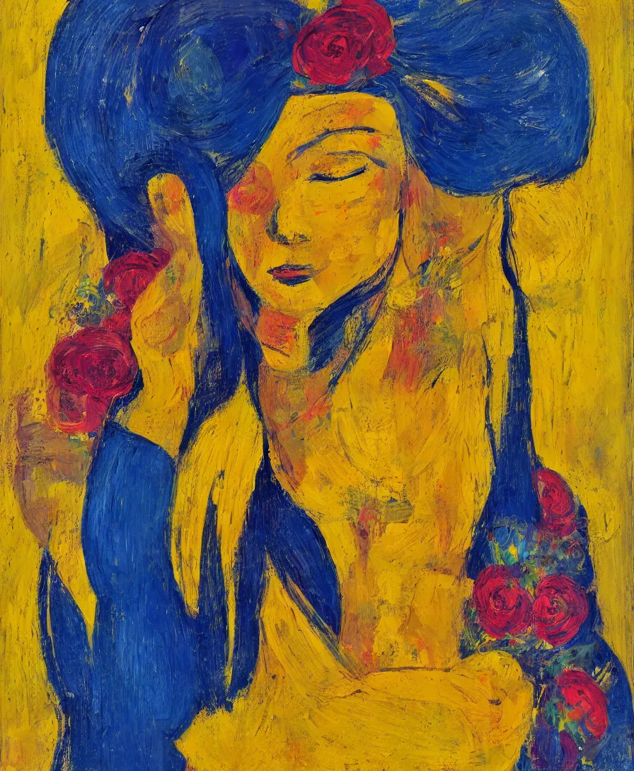 Image similar to portrait of a single lonely priestess with flowers in her hair and a candle in her hand, yellow and blue ribbons, expressive abstractionism, many small saturated hard relief strokes of oil on canvas with high detail