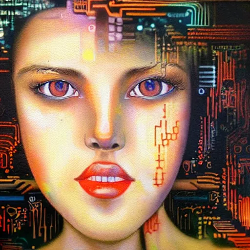 Prompt: the eyes of computer girl are connected to her retro vintage computer by mycelium bio filament connections. oil painting and ultra realistic. the image transmit a sense of wonder and exploration. the art is incredibly detailed. the characters are all unique and interesting.