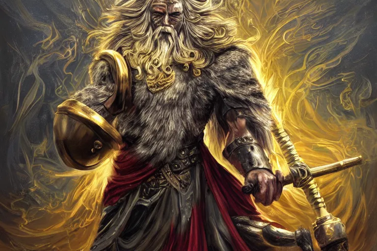 Image similar to mythological angry odin all father supreme God of thunder and smithing and artificial intelligence creating an artificial neural network with gold synapses on an anvil with his mighty hammer, high resolution, award winning art, trending on art station, sharp image, incredibly detailed, detailed character, realistic painting, hyper-realistic painting, coherent painting, master piece by Kyozu Aroyama