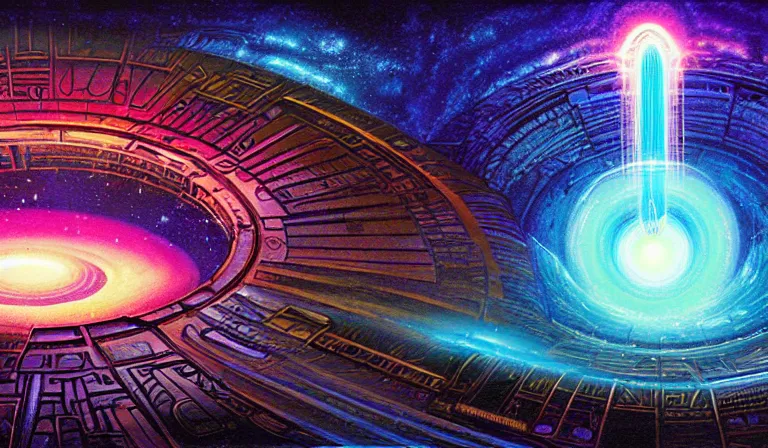 Prompt: Wormhole, Stargate, Broken Bifrost Portal, mixed media, digitally painted by Tim Doyle, Kilian Eng and Thomas Kinkade, centered, uncropped