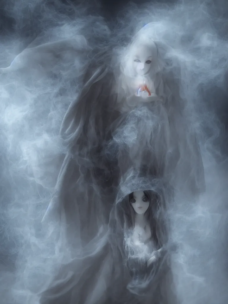 Prompt: cute fumo plush gothic angel maiden girl in hood ghost wraith making an apparition in an abandoned church, fallen angel, wisps of smoke and glowing volumetric fog, vignette, vray