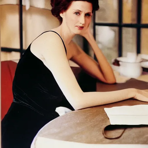 Image similar to Kodachrome long shot photograph of tall pale woman wearing velvet black dress with thin straps with pinned-back brown hair, looking to the side, leaning on a table, holding dress in a bunch. 8k Photograph. TIME Magazine.