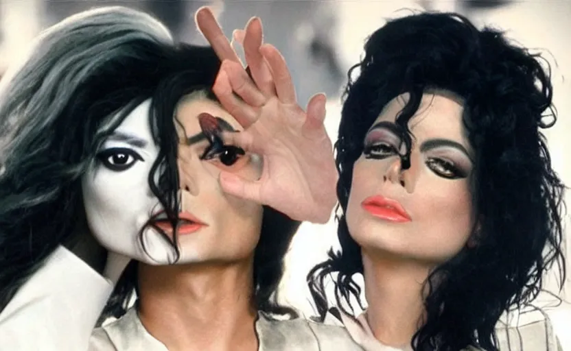 Image similar to michael jackson and lady gaga in trance sci - fi music video