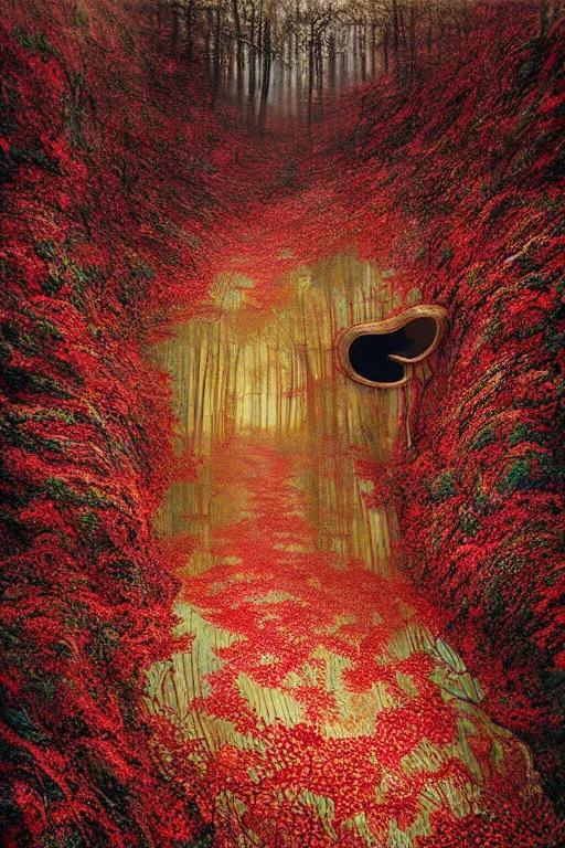 Image similar to immaculate painting of A Beautiful fine detailed gold and red and black Forest Illusion by erik johansson micro detailing