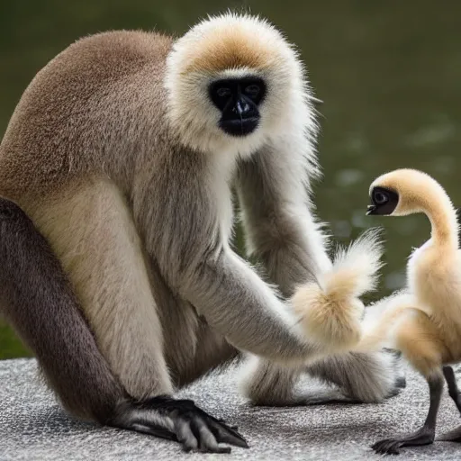 Image similar to a gibbon and a goose having a kung fu battle