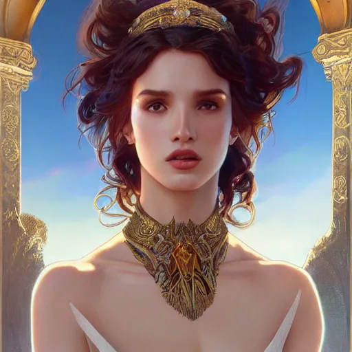 Image similar to ultra realistic illustration, bella thorne wearing amulet of power, intricate, elegant, highly detailed, digital painting, artstation, concept art, smooth, sharp focus, illustration, art by artgerm and greg rutkowski and alphonse mucha