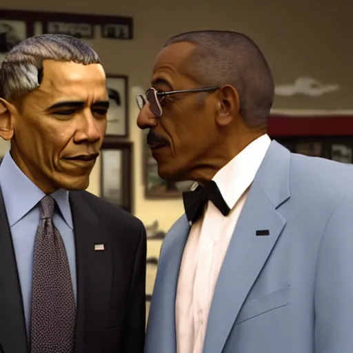 Image similar to blurry film still of obama meeting gus fring at los pollos hermanos, breaking bad scene, octane render, 4k, photorealistic, detailed