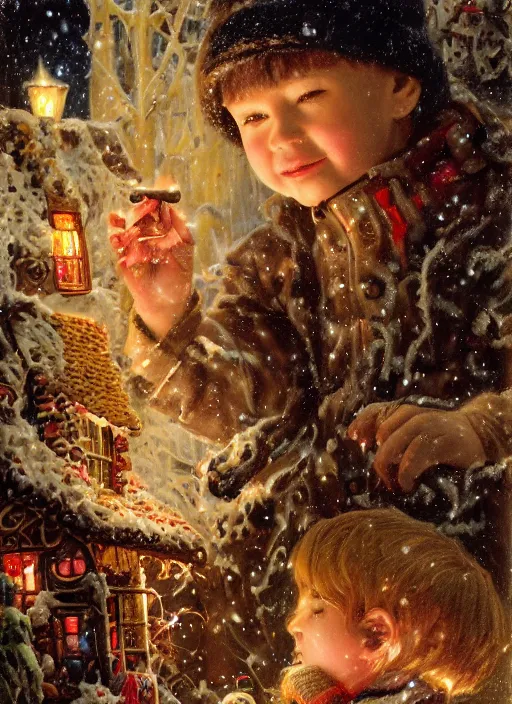 Image similar to close-up portrait of little boy wearing a little backpack finding a gingerbread house in the snow, winter scene fantasy, fireflies, torch light, scary creatures in background, intricate, elegant, highly detailed, centered, smooth, sharp focus, Donato Giancola, Joseph Christian Leyendecker, WLOP, Boris Vallejo, Artgerm