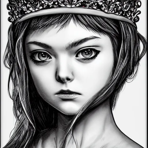 Image similar to a striking hyper real manga illustration of Elle Fanning with a crown by Kentaro Miura