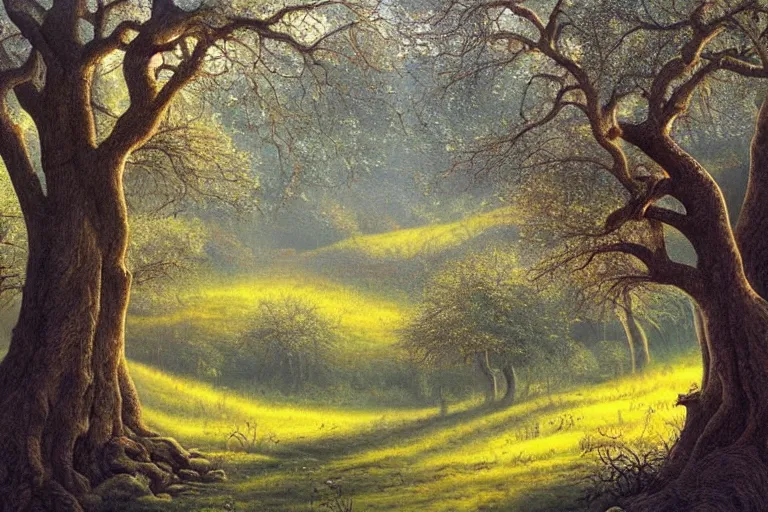 Prompt: masterpiece painting of oak trees on a hillside overlooking a creek, dramatic lighting, by daniel merriam