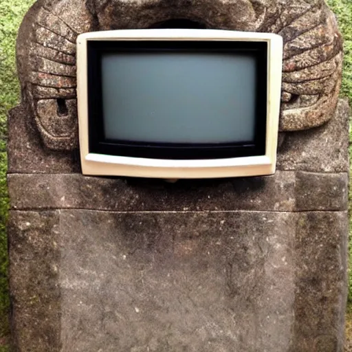 Image similar to a retro crt television carved from stone, ttelevision made by ancient taino and aztec