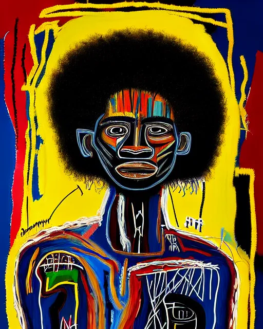 Image similar to A extremely ultra highly detailed majestic hi-res beautiful immaculate head and shoulders award winning painting stunning masterpiece of the face of a strong black african warrior man with an afro by Jean-Michel Basquiat, 8k, high textures, ultra hyper sharp, insanely detailed and intricate, super detailed, 8k HDR ultra high quality