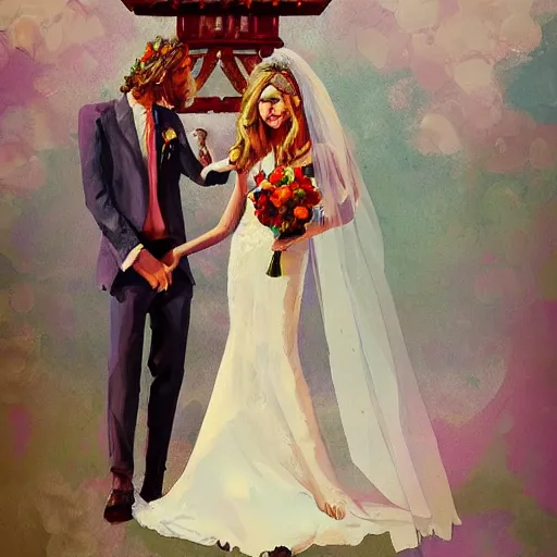 Image similar to wedding in 1 9 7 0 hippie fashion, digital painting, ultradetailed, artstation, oil painting, ultradetailed, artstation