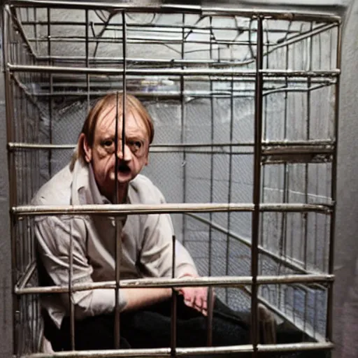 Prompt: mark e smith in a cage at the pet store, he is for sale, 4 k